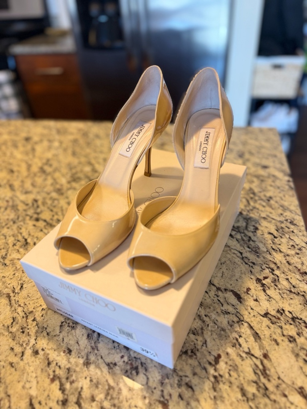 Jimmy Choo Beige Patent Leather Peep-Toe Stiletto Pumps - BOX AND BAG INCLUDED
